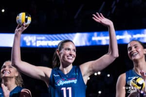 Omaha Supernovas Sarah Parsons (11) gets introduced before a major league volleyball match against the Atlanta Vibe on Jan 16, 2026, in Omaha, Nebraska. Photo by Brandon Tiedemann