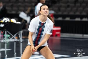 Atlanta Vibes Ava Martin (12) warms up before a major league volleyball match against the Omaha Supernovas on Jan 16, 2026, in Omaha, Nebraska. Photo by Brandon Tiedemann