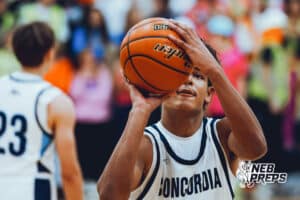 Omaha Concordia’s Ryan Taylor (0) is shooting a free throw during a high school basketball game against Gross Catholic on January 13, 2026 in Omaha, Nebraska. Photo By Jack Stephens.