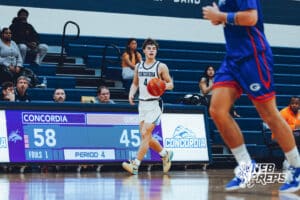 Omaha Concordia’s Drew Kulus (4) is dribbling the ball up the court during a high school basketball game against Gross Catholic on January 13, 2026 in Omaha, Nebraska. Photo By Jack Stephens.