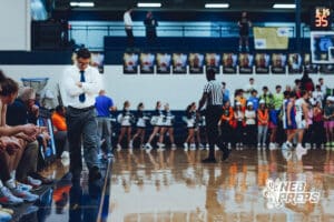 Omaha Concordia’s Head Coach Ken Kulus is discouraged after one of his players committed a personal foul during a high school basketball game against Gross Catholic on January 13, 2026 in Omaha, Nebraska. Photo By Jack Stephens.