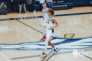 Omaha Concordia’s Elliotte McCafferty (20) is celebrating after hitting a three pointer during a high school basketball game against Gross Catholic on January 13, 2026 in Omaha, Nebraska. Photo By Jack Stephens.
