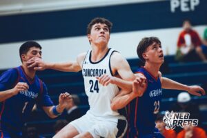Omaha Concordia’s Blake Sunde (24) is boxing out after his teammate shot a free throw during a high school basketball game against Gross Catholic on January 13, 2026 in Omaha, Nebraska. Photo By Jack Stephens.