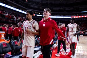 Nebraska Cornhusker guard Jamarques Lawrence (10) and guard Connor Essegian walk back to the locker room after the win over the Oregon Ducks during a college men’s basketball game on Tuesday, Jan. 13, 2026, in Lincoln, Nebraska. Photo by John S. Peterson.