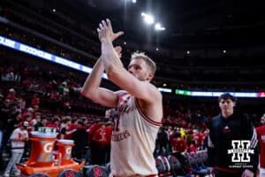 Nebraska Cornhusker forward Rienk Mast (51) claps thanking the fans heading to the locker room after the win over the Oregon Ducks during a college men’s basketball game on Tuesday, Jan. 13, 2026, in Lincoln, Nebraska. Photo by John S. Peterson.