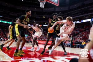 Nebraska Cornhusker forward Leo Curtis (33) keeps the ball in-bounds against the Oregon Ducks late in the second half during a college men’s basketball game on Tuesday, Jan. 13, 2026, in Lincoln, Nebraska. Photo by John S. Peterson.