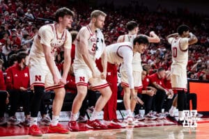 Nebraska Cornhuskers bench celebrates a basket against the Oregon Ducks in the second half during a college men’s basketball game on Tuesday, Jan. 13, 2026, in Lincoln, Nebraska. Photo by John S. Peterson.