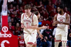 Nebraska Cornhusker forward Braden Frager (5) celebrates a three point shot against the Oregon Ducks in the second half during a men’s basketball game on Tuesday, Jan. 13, 2026, in Lincoln, Nebraska. Photo by John S. Peterson.