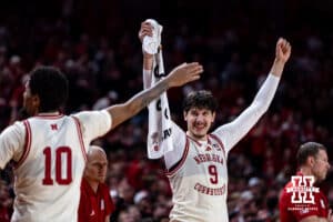 Nebraska Cornhusker forward Berke Büyüktuncel (9) celebrates a basket against the Oregon Ducks in second half during a college men’s basketball game on Tuesday, Jan. 13, 2026, in Lincoln, Nebraska. Photo by John S. Peterson.