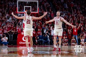 Nebraska Cornhusker forward Pryce Sandfort (21) celebrates making a three point shot with Rienk Mast in the second half against the Oregon Ducks during a college men’s basketball game on Tuesday, Jan. 13, 2026, in Lincoln, Nebraska. Photo by John S. Peterson.
