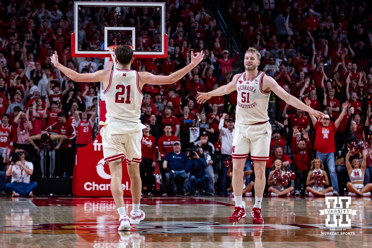 Nebraska Men’s Basketball v Oregon | Hail Varsity Nebraska Cornhusker forward Pryce Sandfort (21) celebrates making a three point shot with Rienk Mast in the second half against the Oregon Ducks during a college men’s basketball game on Tuesday, Jan. 13, 2026, in Lincoln, Nebraska. Photo by John S. Peterson.