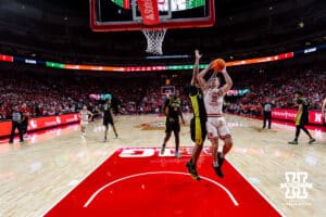 Nebraska Cornhusker guard Cale Jacobsen (31) makes a lay up against the Oregon Ducks in the second half during a college men’s basketball game on Tuesday, Jan. 13, 2026, in Lincoln, Nebraska. Photo by John S. Peterson.