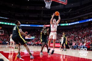 Nebraska Cornhusker guard Cale Jacobsen (31) makes a lay up against the Oregon Ducks in the second half during a college men’s basketball game on Tuesday, Jan. 13, 2026, in Lincoln, Nebraska. Photo by John S. Peterson.