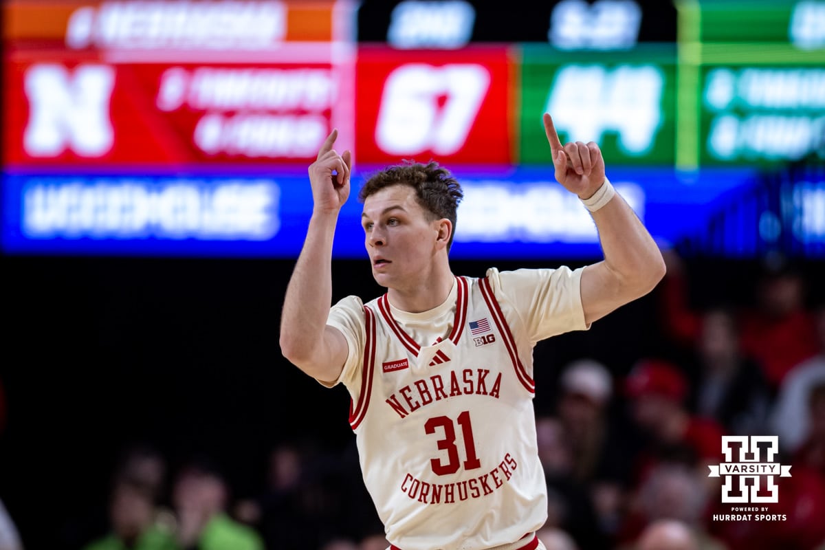 Nebraska Cornhusker guard Cale Jacobsen (31) celebrates a basket against the Oregon Ducks in the second half during a college men’s basketball game on Tuesday, Jan. 13, 2026, in Lincoln, Nebraska. Photo by John S. Peterson.