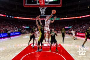 Nebraska Cornhusker guard Sam Hoiberg (1) makes a lay up agianst the Oregon Ducks in the second half during a college men’s basketball game on Tuesday, Jan. 13, 2026, in Lincoln, Nebraska. Photo by John S. Peterson.