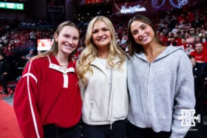 Bergen Reilly, Layla Blackwell and Merritt Beason pose for a photo during a college men’s basketball game between the Nebraska Cornhuskers and the Oregon Ducks on Tuesday, Jan. 13, 2026, in Lincoln, Nebraska. Photo by John S. Peterson.