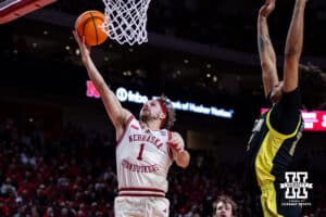 Nebraska Cornhusker guard Sam Hoiberg (1) makes a lay up afte steal in the ball away against the Oregon Ducks in the first half during a college men’s basketball game on Tuesday, Jan. 13, 2026, in Lincoln, Nebraska. Photo by John S. Peterson.