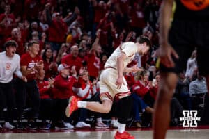 Nebraska Cornhusker forward Braden Frager (5) back down court celebrating a three point shot against the Oregon Ducks in the firs half during a college men’s basketball game on Tuesday, Jan. 13, 2026, in Lincoln, Nebraska. Photo by John S. Peterson.