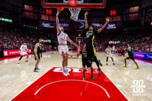 Nebraska Cornhusker guard Sam Hoiberg (1) makes a lay up after stealing the ball away against the Oregon Ducks in the first half during a college men’s basketball game on Tuesday, Jan. 13, 2026, in Lincoln, Nebraska. Photo by John S. Peterson.