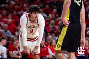 Nebraska Cornhusker forward Berke Büyüktuncel (9) takes a quick break against the Oregon Ducks in the first half during a college men’s basketball game on Tuesday, Jan. 13, 2026, in Lincoln, Nebraska. Photo by John S. Peterson.