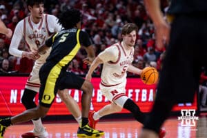 Nebraska Cornhusker forward Braden Frager (5) dribbles the ball against Oregon Duck guard Takai Simpkins (5) in the first half during a college men’s basketball game on Tuesday, Jan. 13, 2026, in Lincoln, Nebraska. Photo by John S. Peterson.