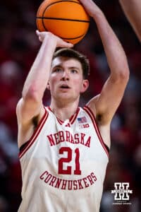Nebraska Cornhusker forward Pryce Sandfort (21) makes a three point shot against the Oregon Ducks in the first half during a college men’s basketball game on Tuesday, Jan. 13, 2026, in Lincoln, Nebraska. Photo by John S. Peterson.