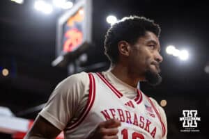 Nebraska Cornhusker guard Jamarques Lawrence (10) gives a little fist pump after making a lay up against the Oregon Ducks in the first half during a college men’s basketball game on Tuesday, Jan. 13, 2026, in Lincoln, Nebraska. Photo by John S. Peterson.