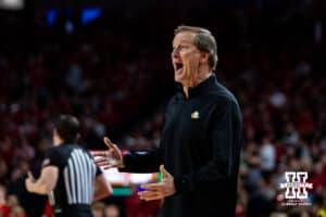 Oregon Duck head coach Dana Altman reacts to the call on the court in the first half during a college men’s basketball game against the Nebraska Cornhuskers on Tuesday, Jan. 13, 2026, in Lincoln, Nebraska. Photo by John S. Peterson.