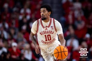 Nebraska Cornhusker guard Jamarques Lawrence (10) dribbles the ball against the Oregon Ducks in the first half during a college men’s basketball game on Tuesday, Jan. 13, 2026, in Lincoln, Nebraska. Photo by John S. Peterson.