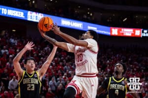 Nebraska Cornhusker guard Jamarques Lawrence (10) makes a lay up against the Oregon Ducks in the first half during a college men’s basketball game on Tuesday, Jan. 13, 2026, in Lincoln, Nebraska. Photo by John S. Peterson.