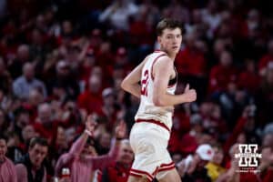 Nebraska Cornhusker forward Pryce Sandfort (21) runs down the court after making a three point shot against the Oregon Ducks in the first half during a college men’s basketball game on Tuesday, Jan. 13, 2026, in Lincoln, Nebraska. Photo by John S. Peterson.