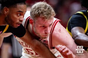 Nebraska Cornhusker forward Rienk Mast (51) lineed up for a rebound from a free throw against the Oregon Ducks in the first half during a college men’s basketball game on Tuesday, Jan. 13, 2026, in Lincoln, Nebraska. Photo by John S. Peterson.