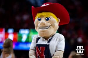 Nebraska Cornhusker mascot Herbie entertaining the fans at a break in the action against the Oregon Ducks in the first half during a college men’s basketball game on Tuesday, Jan. 13, 2026, in Lincoln, Nebraska. Photo by John S. Peterson.