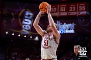 Nebraska Cornhusker forward Rienk Mast (51) makes a three-point shot against the Oregon Ducks in the first half during a college men’s basketball game on Tuesday, Jan. 13, 2026, in Lincoln, Nebraska. Photo by John S. Peterson.
