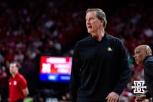 Oregon Duck head coach Dana Altman watches the action on the court against the Nebraska Cornhuskers in the first half during a college men’s basketball game on Tuesday, Jan. 13, 2026, in Lincoln, Nebraska. Photo by John S. Peterson.