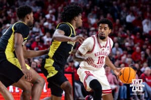Nebraska Cornhusker guard Jamarques Lawrence (10) dribbles the ball against Oregon Duck guard Takai Simpkins (5) in the first half during a college men’s basketball game on Tuesday, Jan. 13, 2026, in Lincoln, Nebraska. Photo by John S. Peterson.