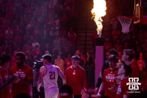 Nebraska Cornhusker forward Pryce Sandfort (21) introduced to the fans before taking on the Oregon Ducks during a college men’s basketball game on Tuesday, Jan. 13, 2026, in Lincoln, Nebraska. Photo by John S. Peterson.