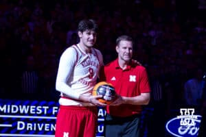 Nebraska Cornhusker forward Berke Büyüktuncel (9) awarded a game ball before a college men’s basketball game against the Oregon Ducks on Tuesday, Jan. 13, 2026, in Lincoln, Nebraska. Photo by John S. Peterson.