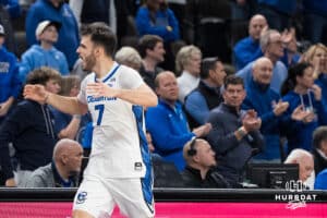 Creighton Bluejay Fedor Žugić (7) hypes up the crowd during a college basketball game against Georgetown on Jan 13, 2026, in Omaha, Nebraska. Photo by Brandon Tiedemann