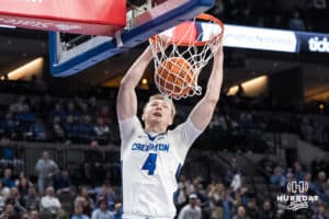Creighton Bluejay Josh Dix (4) dunks during a college basketball game against Georgetown on Jan 13, 2026, in Omaha, Nebraska. Photo by Brandon Tiedemann