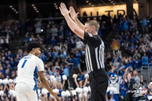 Creighton Bluejay Austin Swartz (1) celebrates a three pointer during a college basketball game against Georgetown on Jan 13, 2026, in Omaha, Nebraska. Photo by Brandon Tiedemann