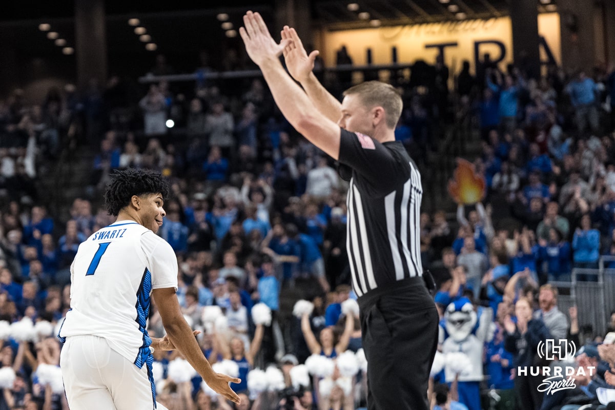 Creighton Bluejay Austin Swartz (1) celebrates a three pointer during a college basketball game against Georgetown on Jan 13, 2026, in Omaha, Nebraska. Photo by Brandon Tiedemann