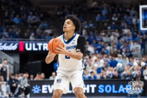 Creighton Bluejay Jasen Green (0) gets ready to shoot during a college basketball game against Georgetown on Jan 13, 2026, in Omaha, Nebraska. Photo by Brandon Tiedemann