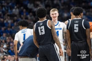 Creighton Bluejay Josh Dix (4) laughs during a college basketball game against Georgetown on Jan 13, 2026, in Omaha, Nebraska. Photo by Brandon Tiedemann