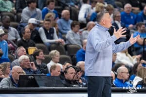 Creighton Bluejay head coach Greg McDermott stands upset on the sideline during a college basketball game against Georgetown on Jan 13, 2026, in Omaha, Nebraska. Photo by Brandon Tiedemann