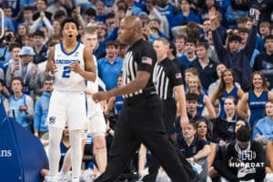 Creighton Bluejay Blake Harper (2) stands upset after a foul call during a college basketball game against Georgetown on Jan 13, 2026, in Omaha, Nebraska. Photo by Brandon Tiedemann
