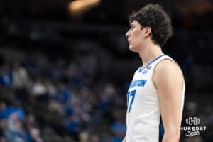 Creighton Bluejay Kerem Konan (17) looks to the sideline during a college basketball game against Georgetown on Jan 13, 2026, in Omaha, Nebraska. Photo by Brandon Tiedemann
