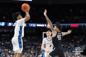 Creighton Bluejay Austin Swartz (1) shoots a three pointer during a college basketball game against Georgetown on Jan 13, 2026, in Omaha, Nebraska. Photo by Brandon Tiedemann