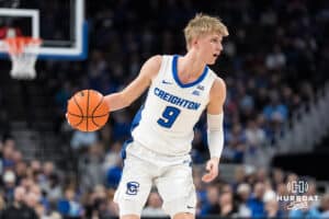 Creighton Bluejay Ty Davis (9) looks to pass during a college basketball game against Georgetown on Jan 13, 2026, in Omaha, Nebraska. Photo by Brandon Tiedemann