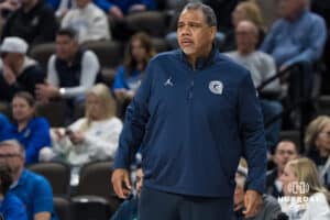 Georgetown Hoyas head coach Ed Cooley stands on the sideline during a college basketball game against Creighton on Jan 13, 2026, in Omaha, Nebraska. Photo by Brandon Tiedemann
